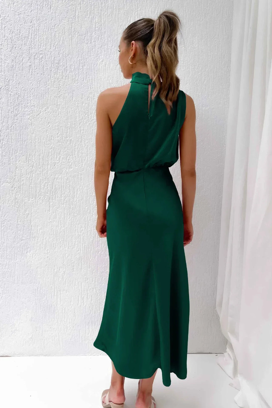 Severine | Draped Twist Satin Halter Neck Maxi Dress with Open Back