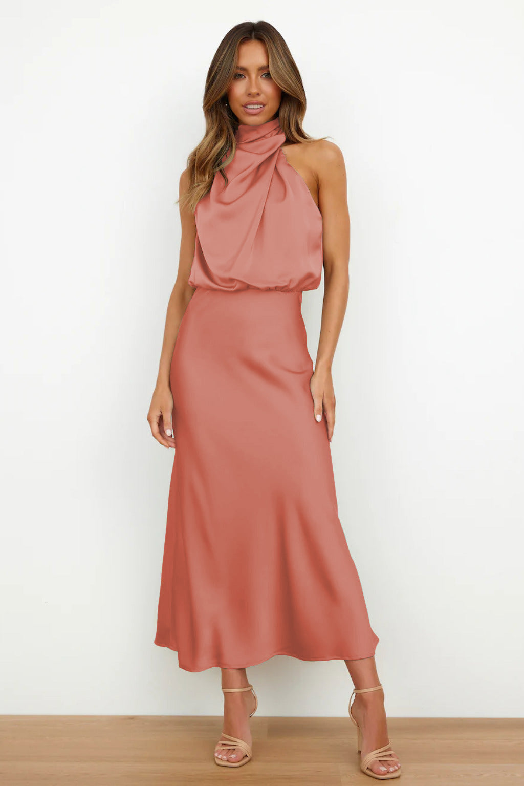Vesper | Twisted Cowl Blouson Satin Halter Neck Maxi Dress