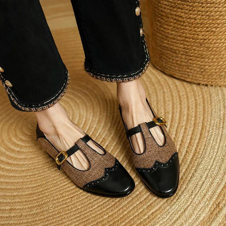 Paloma | Tweed Leather Trim T-Bar Block Heel Mary Jane Flats
