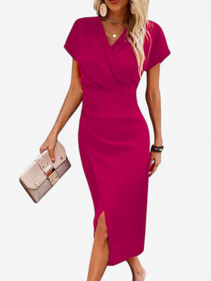 Priya | Wrap V-Neck Cap Sleeve Split Hem Bodycon Midi Formal Dress