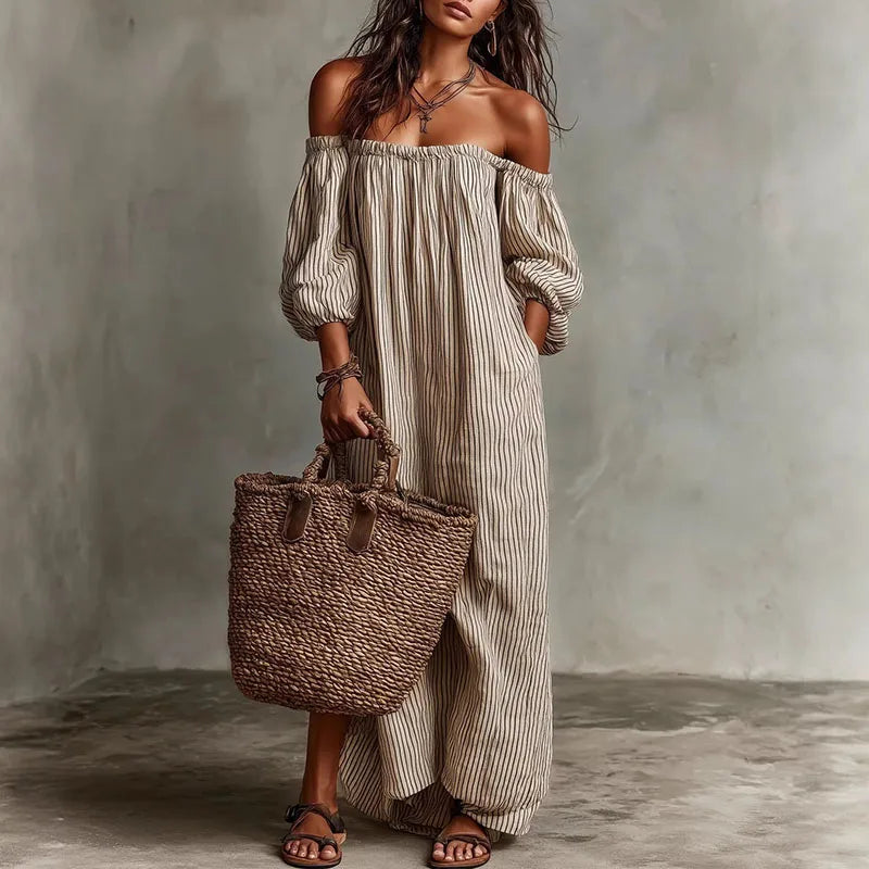 Margaux | Striped Off The Shoulder Dress Linen Maxi