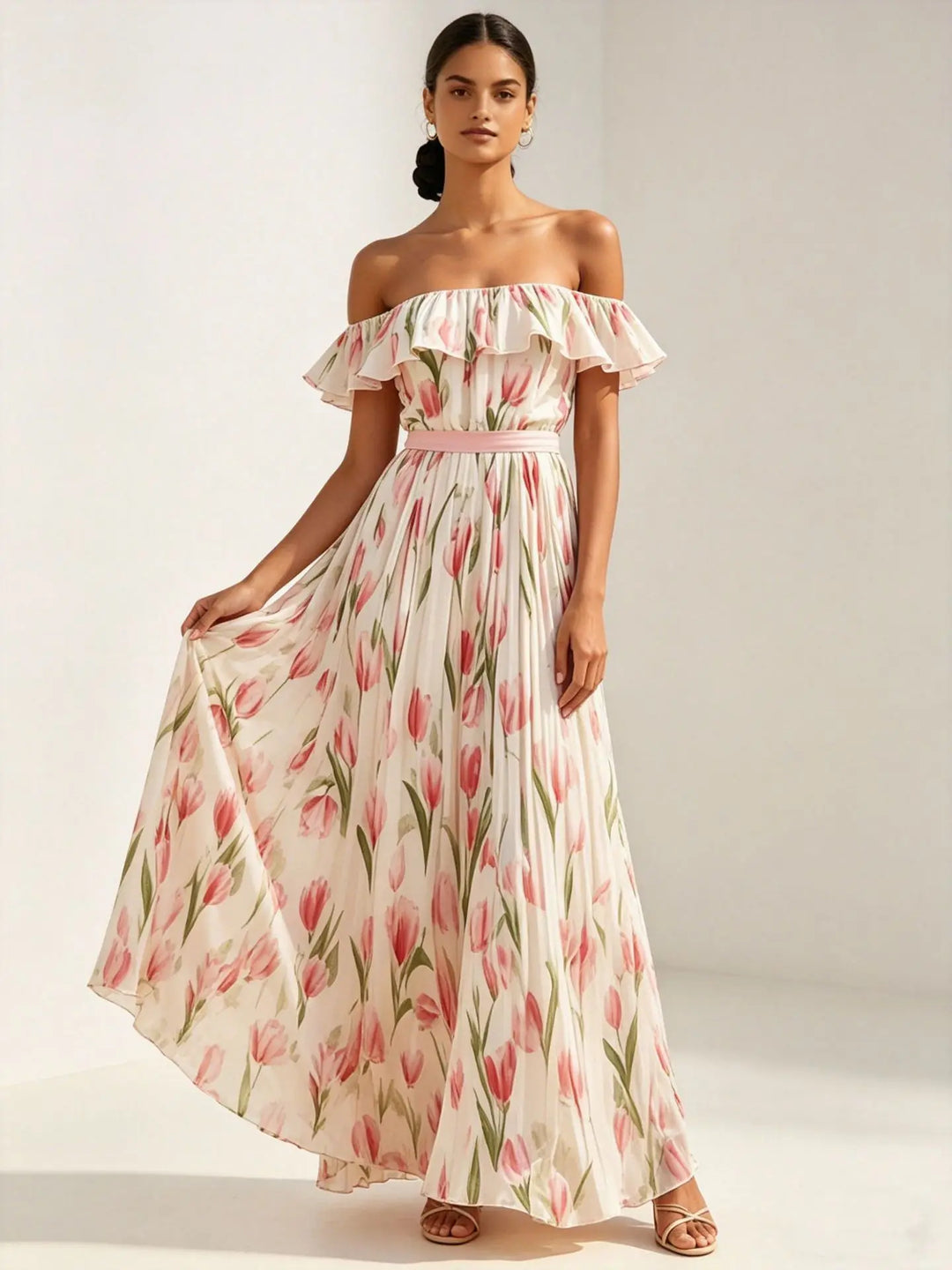 Amelie | Floral Off The Shoulder Dress Ruffled Maxi