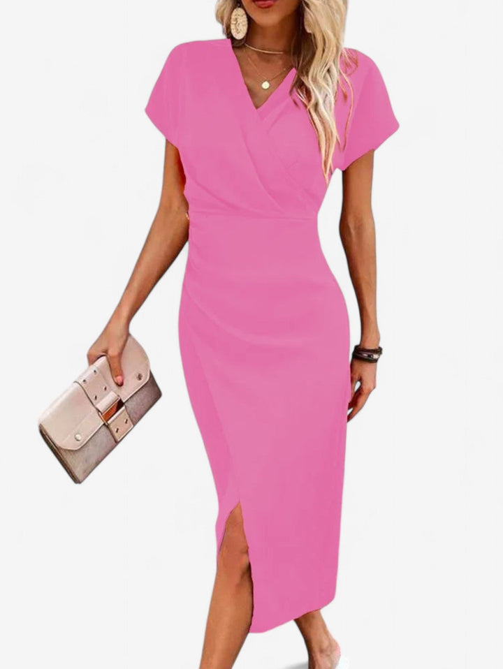 Priya | Wrap V-Neck Cap Sleeve Split Hem Bodycon Midi Formal Dress