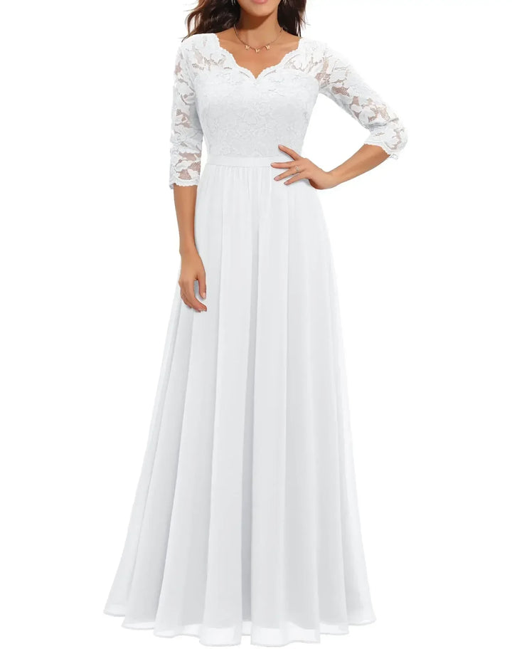 Renata | Lace Bodice Long Sleeve Maxi Fall Wedding Guest Dress