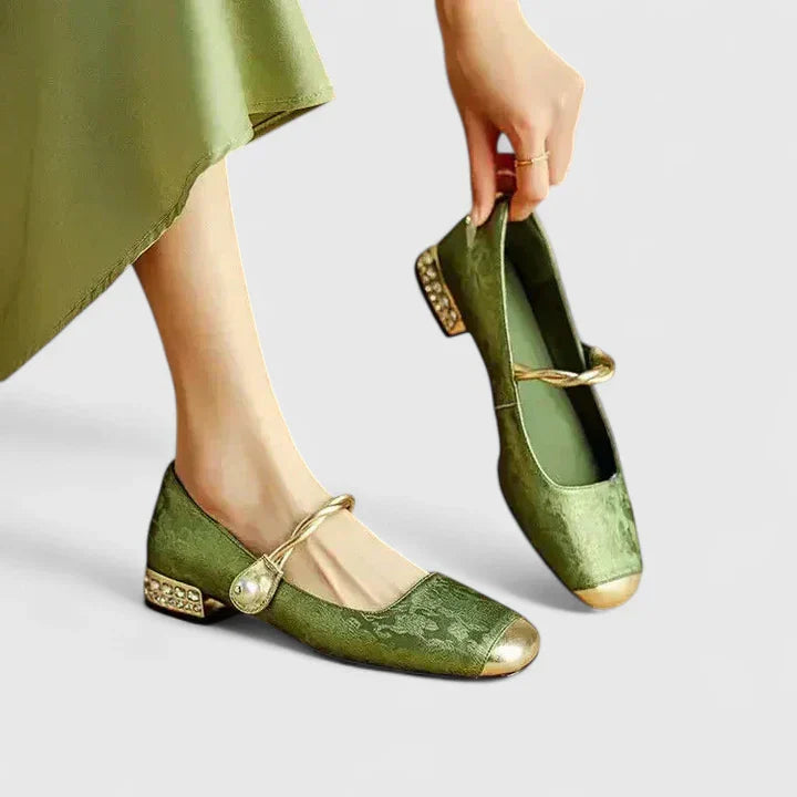 Celeste | Jacquard Crystal Heel Cap Toe Mary Jane Flats