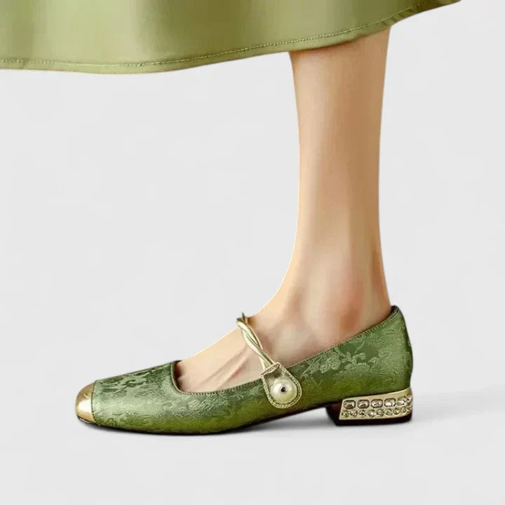 Celeste | Jacquard Crystal Heel Cap Toe Mary Jane Flats