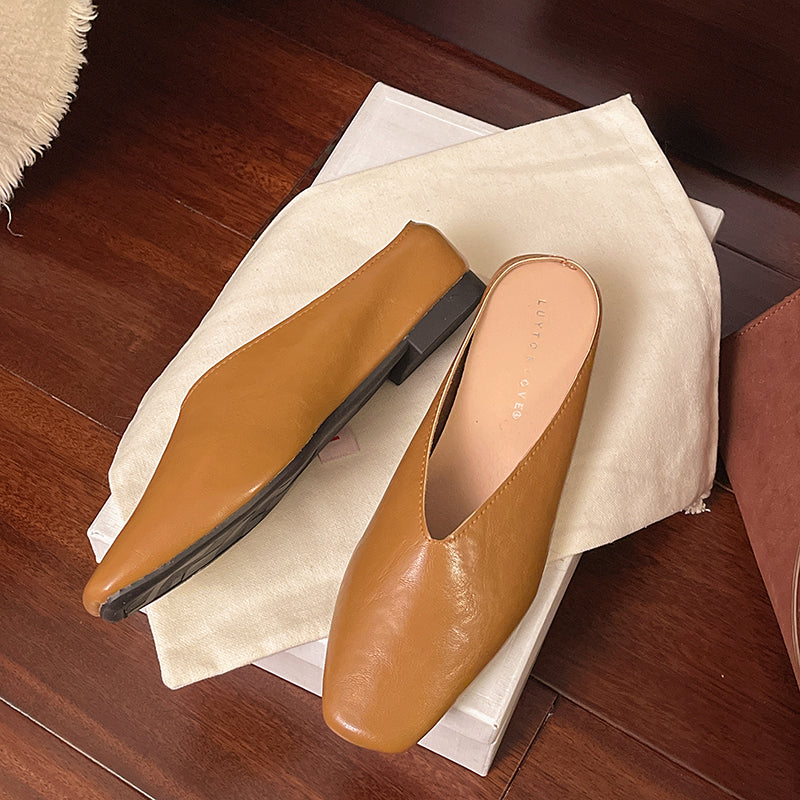 Cèline | Square-Toe V-Cut Leather Orthopedic Flats for Women