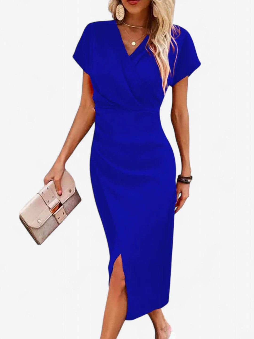 Priya | Wrap V-Neck Cap Sleeve Split Hem Bodycon Midi Formal Dress