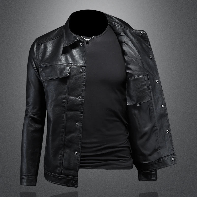 Truxton | Button-Front Trucker Leather Jacket with Chest Pockets