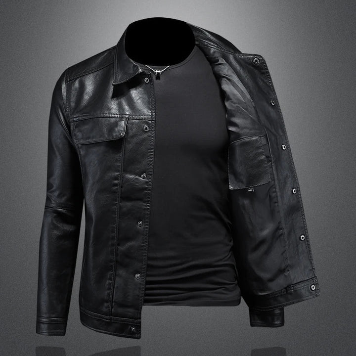Truxton | Button-Front Trucker Leather Jacket with Chest Pockets
