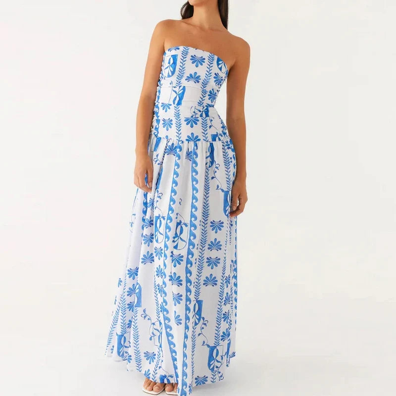 Santorini | Strapless Tile Print Smocked Maxi Dress