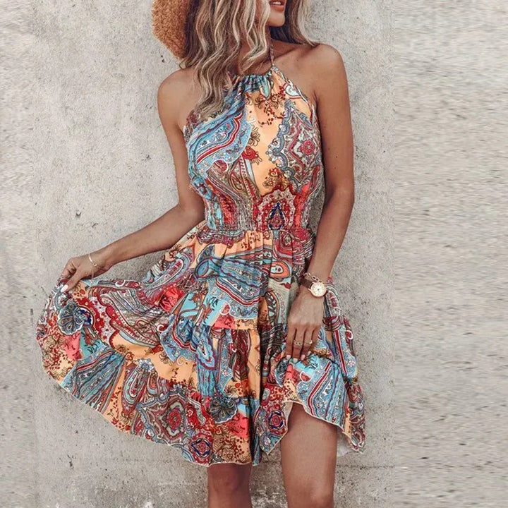 Sahara | Boho Print Smocked Waist Halter Neck Wedding Guest Dress