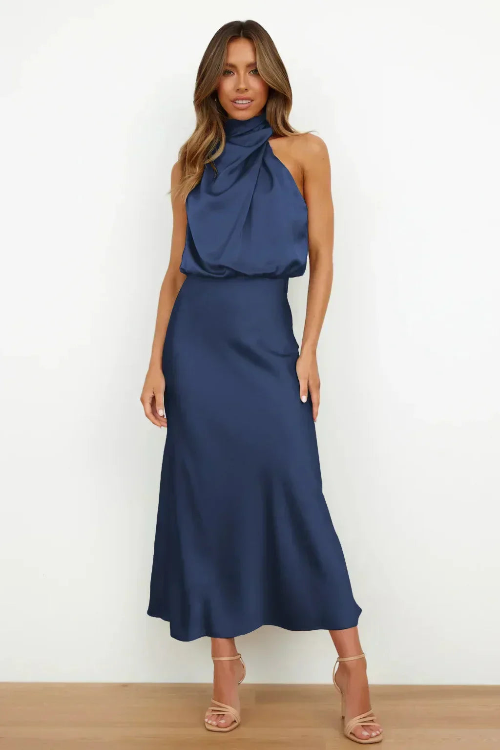 Severine | Draped Twist Satin Halter Neck Maxi Dress with Open Back