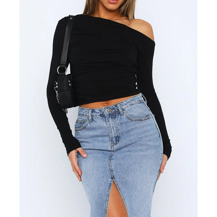 Nova | Ruched Off Shoulder Crop Top – Women's Long Sleeve Going Out Top
