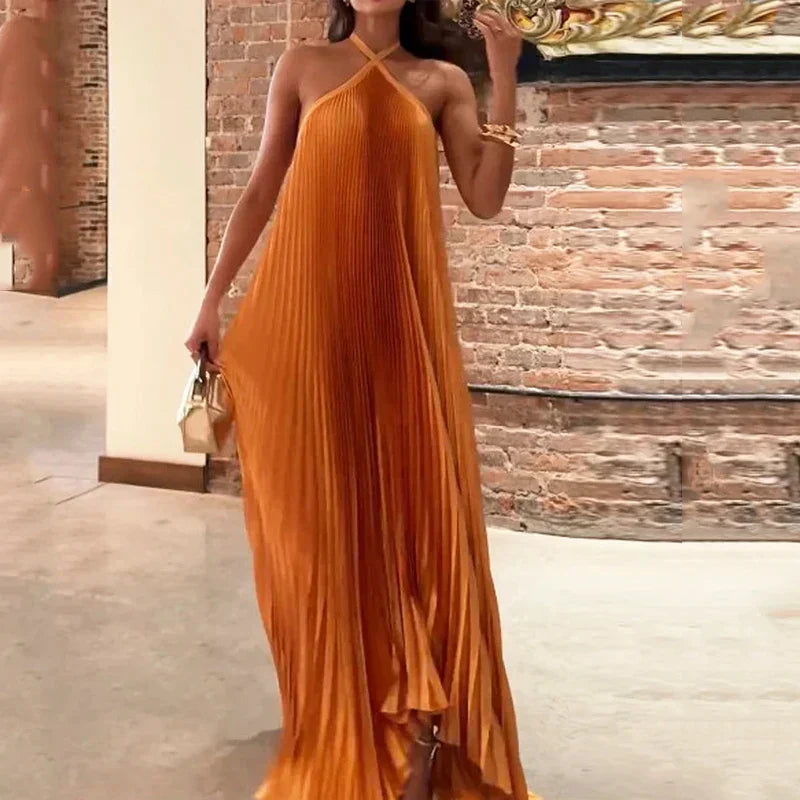 Valencia | Pleated Cross-Strap Maxi Halter Neck Wedding Guest Dress