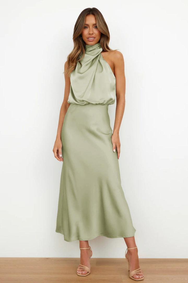 Vesper | Twisted Cowl Blouson Satin Halter Neck Maxi Dress