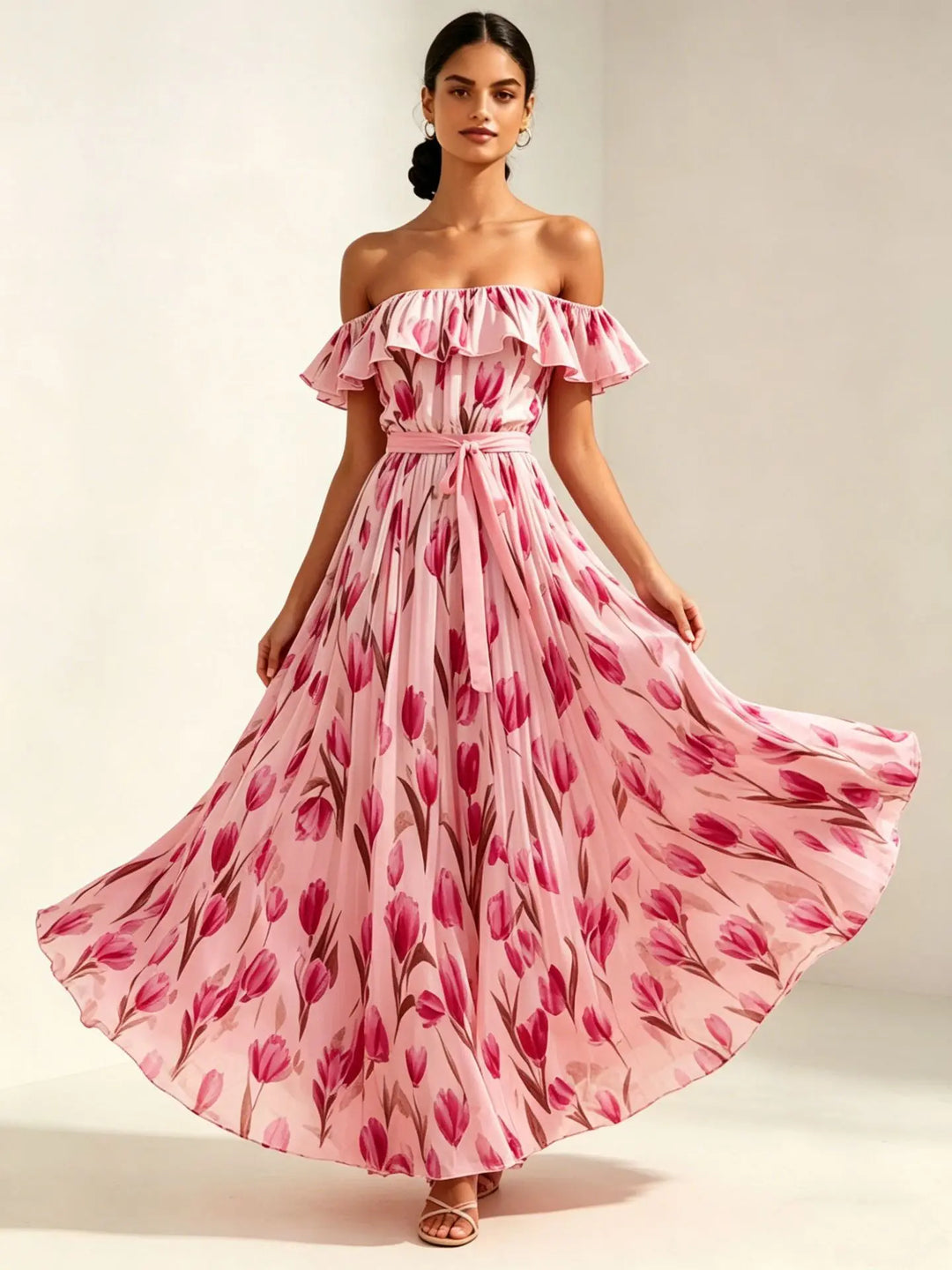 Amelie | Floral Off The Shoulder Dress Ruffled Maxi
