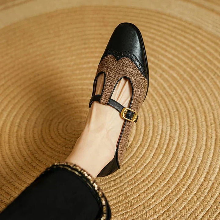 Paloma | Tweed Leather Trim T-Bar Block Heel Mary Jane Flats