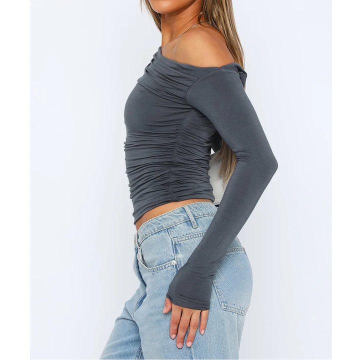 Nova | Ruched Off Shoulder Crop Top – Women's Long Sleeve Going Out Top