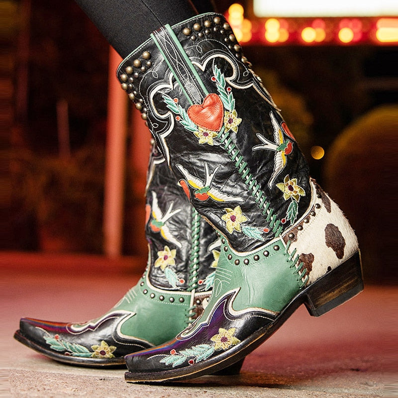 Fiesta | Floral Heart Embroidered Patchwork Knee High Womens Cowboy Boots