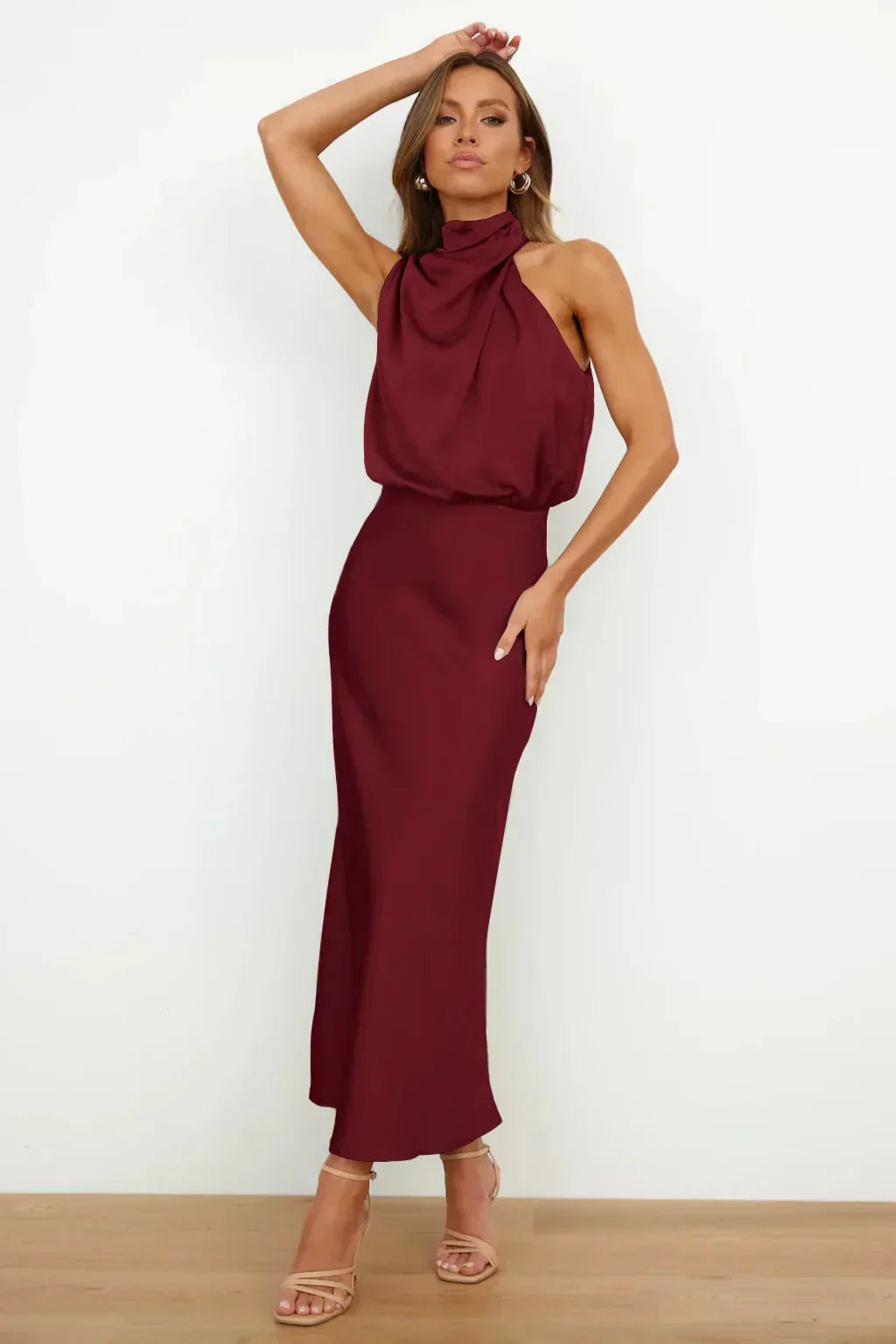 Vesper | Twisted Cowl Blouson Satin Halter Neck Maxi Dress