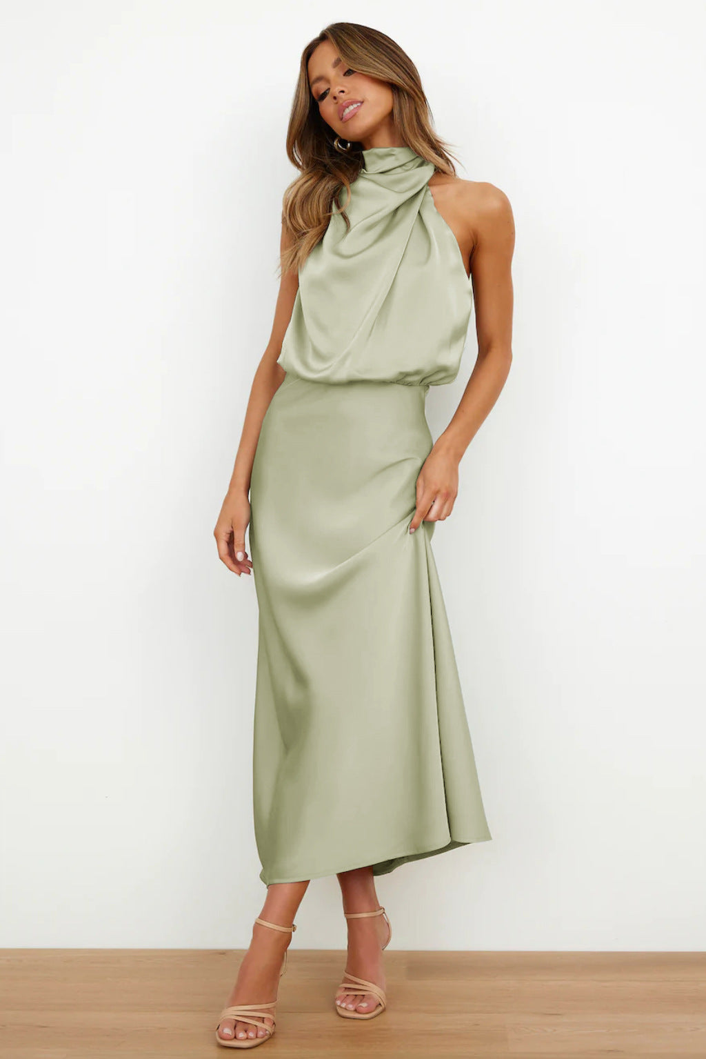 Severine | Draped Twist Satin Halter Neck Maxi Dress with Open Back