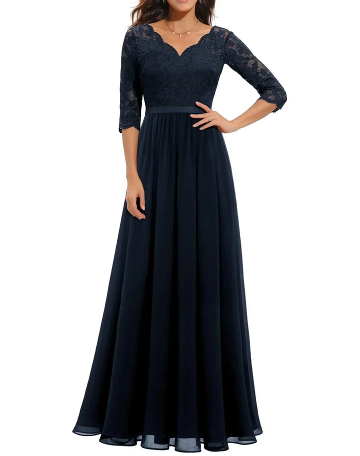 Renata | Lace Bodice Long Sleeve Maxi Fall Wedding Guest Dress