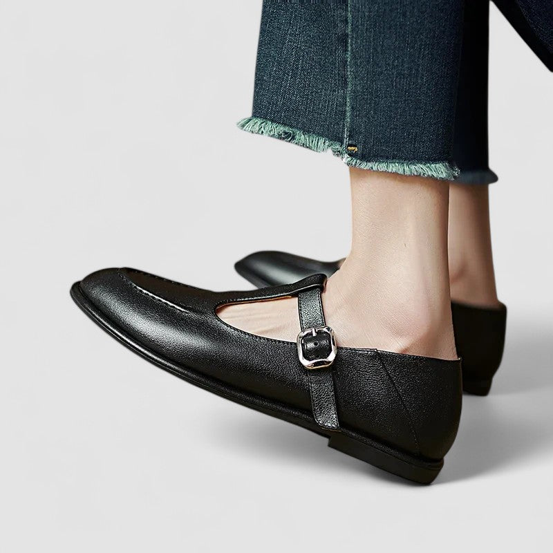 Margot | Square Toe T-Bar Buckle Leather Mary Jane Flats