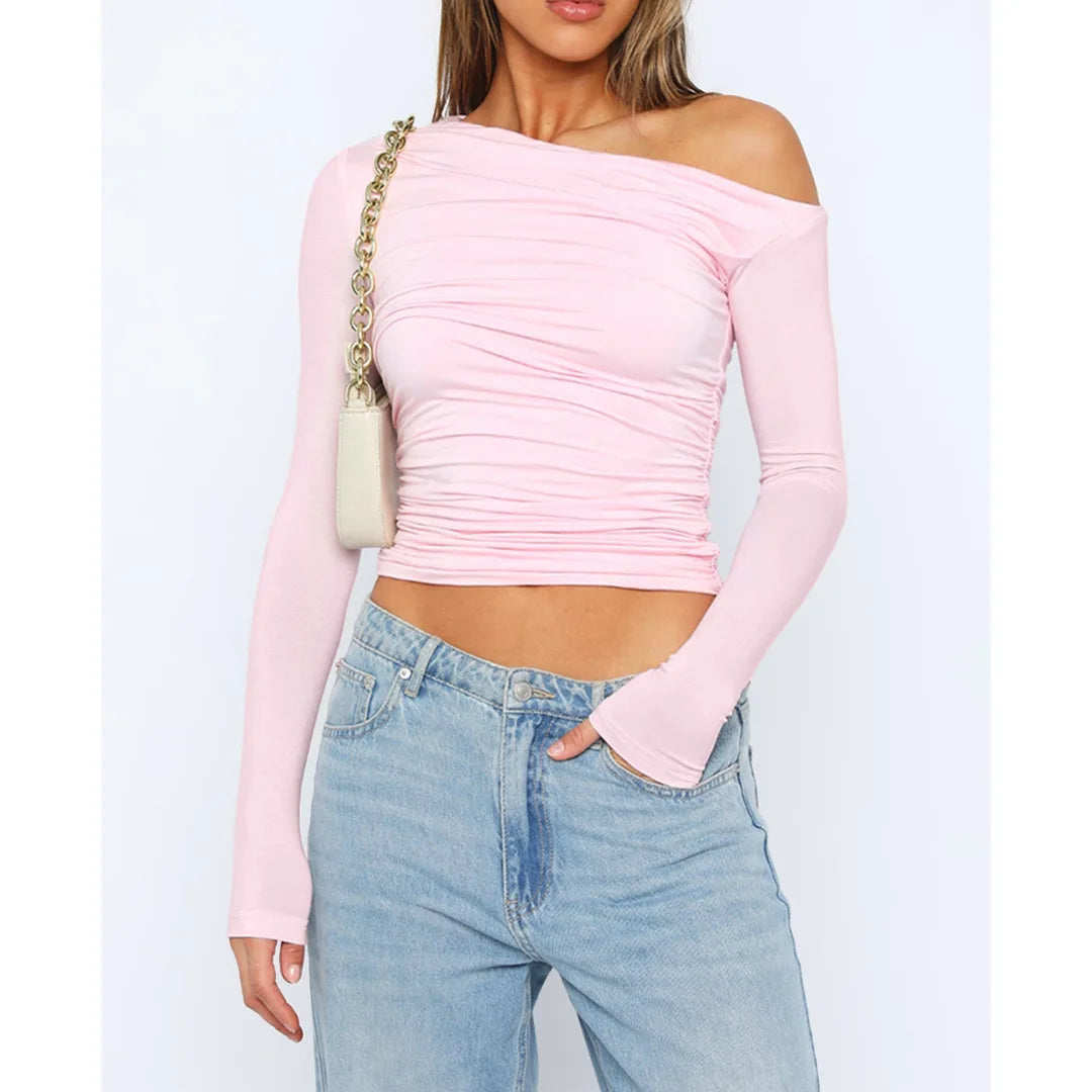 Nova | Ruched Off Shoulder Crop Top – Women's Long Sleeve Going Out Top