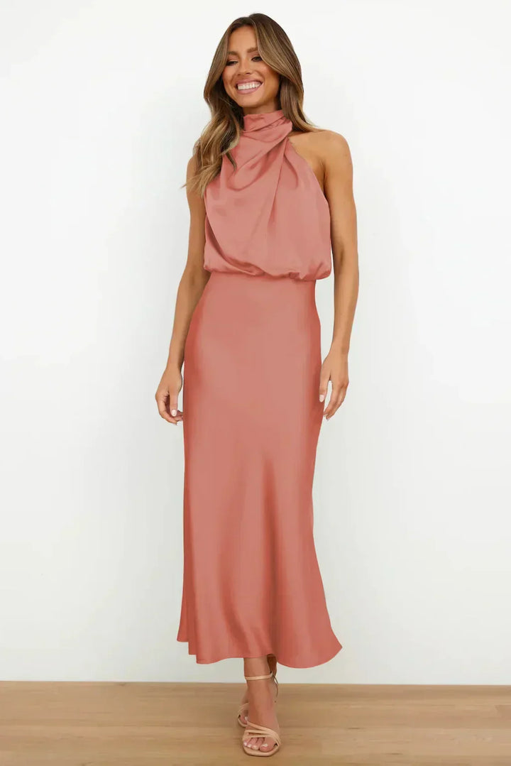 Vesper | Twisted Cowl Blouson Satin Halter Neck Maxi Dress