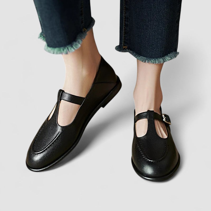 Margot | Square Toe T-Bar Buckle Leather Mary Jane Flats