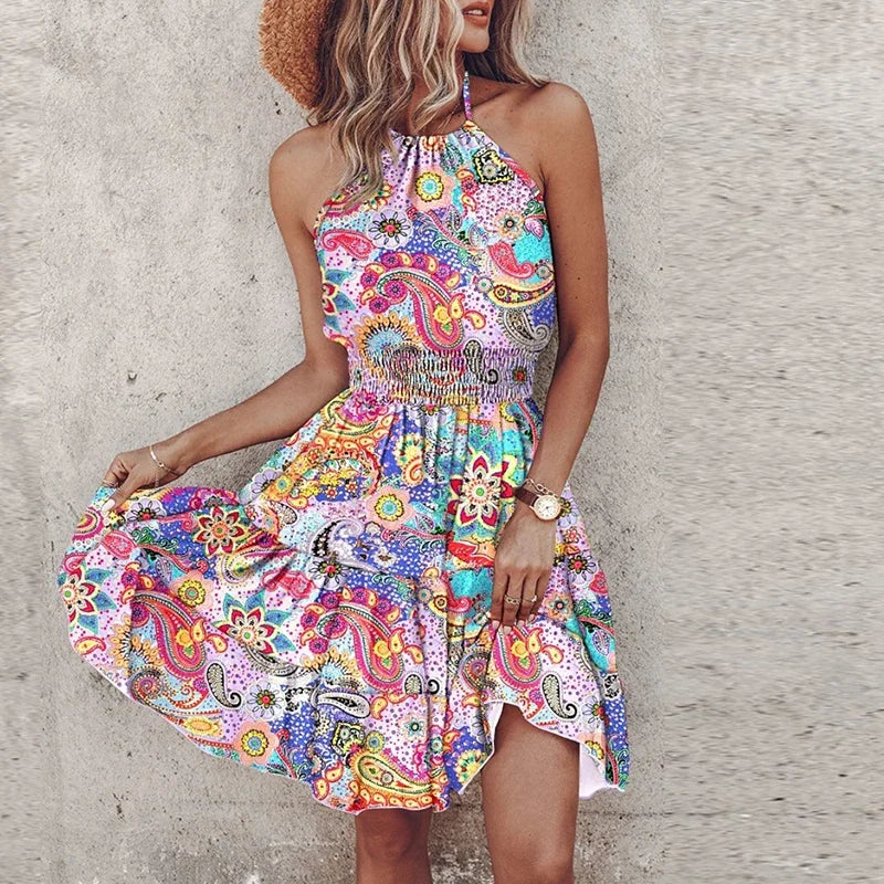 Sahara | Boho Print Smocked Waist Halter Neck Wedding Guest Dress
