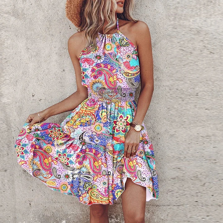 Sahara | Boho Print Smocked Waist Halter Neck Wedding Guest Dress