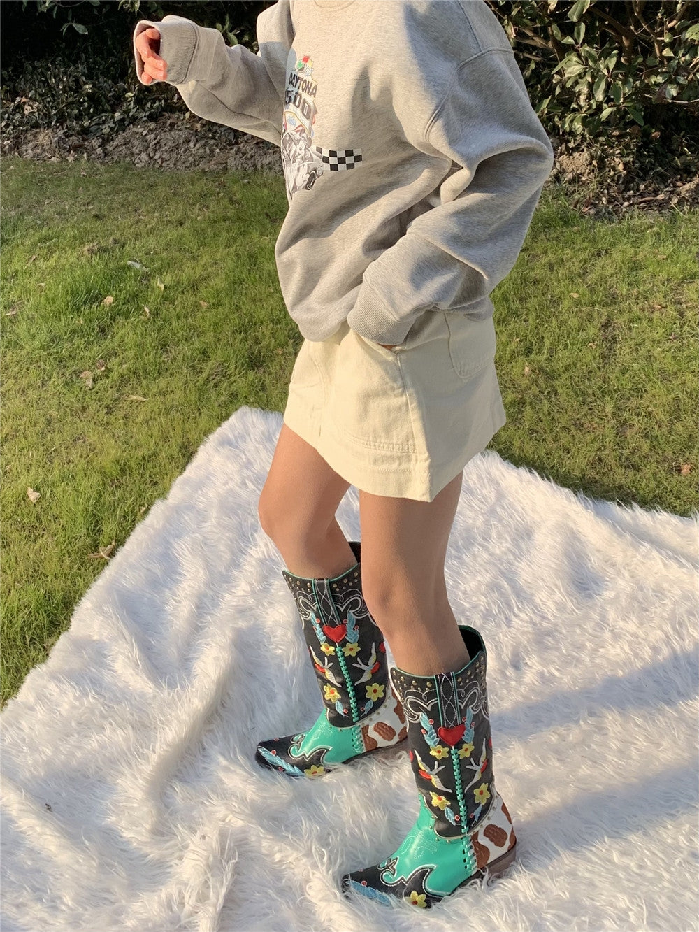 Fiesta | Floral Heart Embroidered Patchwork Knee High Womens Cowboy Boots