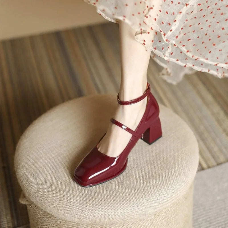Noelle | Patent Square Toe Block Heel Mary Jane Flats