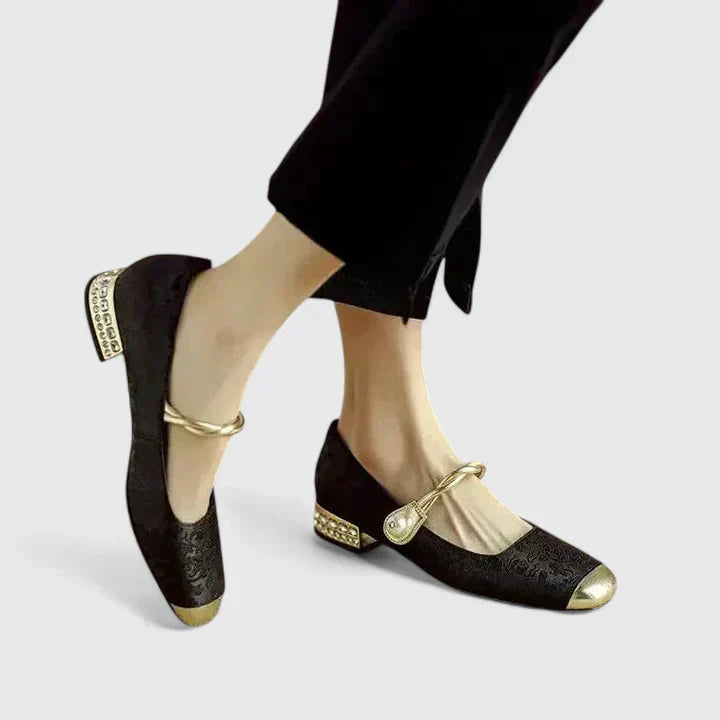 Celeste | Jacquard Crystal Heel Cap Toe Mary Jane Flats
