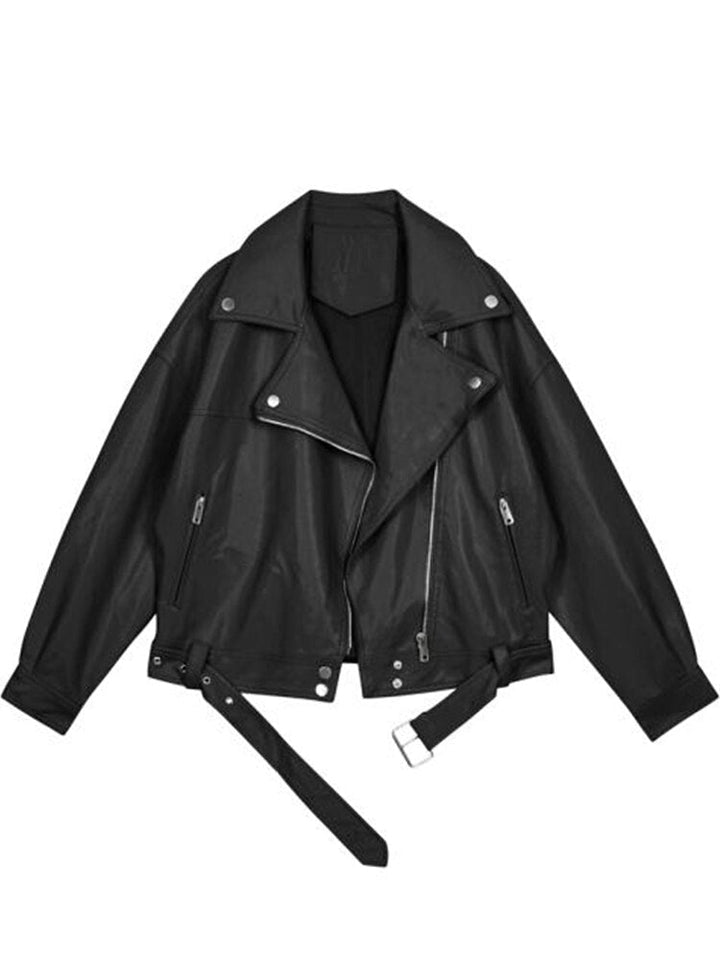 Bronte | Oversized Belted Moto Leather Jacket with Lapel Collar