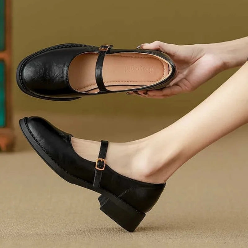 Huxley | Vintage Leather Low Block Heel Mary Jane Flats
