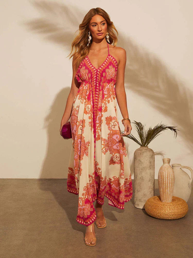 Soraya | Paisley Print Lace-Trim Halter Neck Maxi Dress with V-Neck