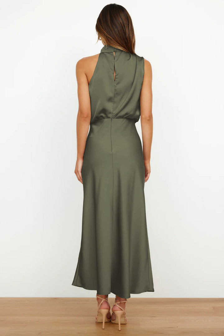 Severine | Draped Twist Satin Halter Neck Maxi Dress with Open Back