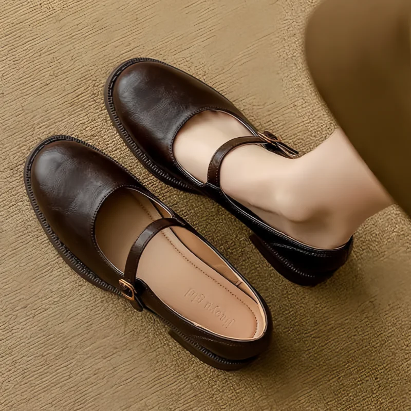Huxley | Vintage Leather Low Block Heel Mary Jane Flats