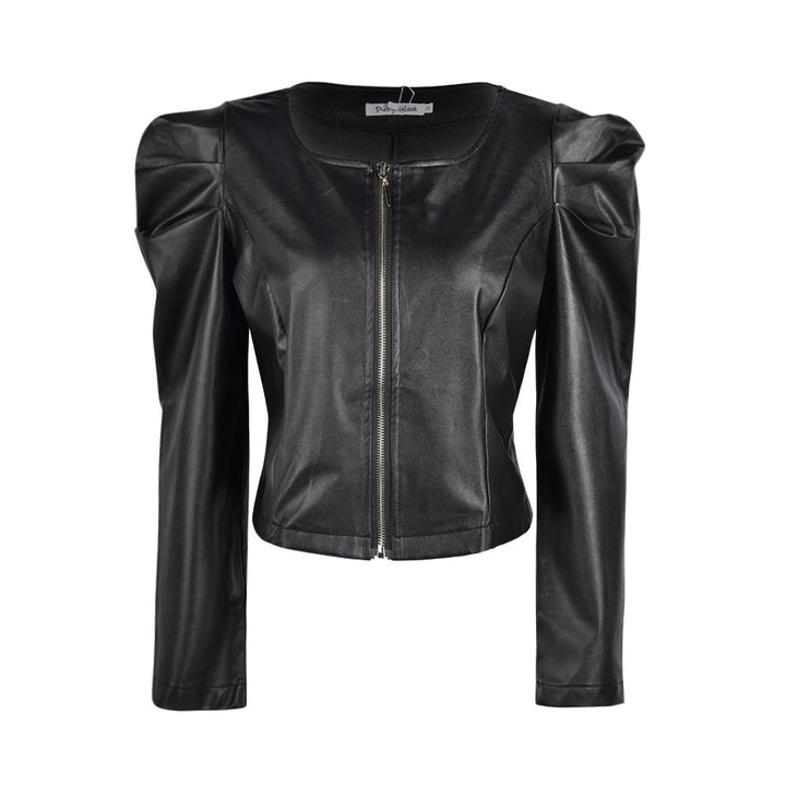 Pixie | Cropped Collarless Leather Jacket with Puff Shoulders