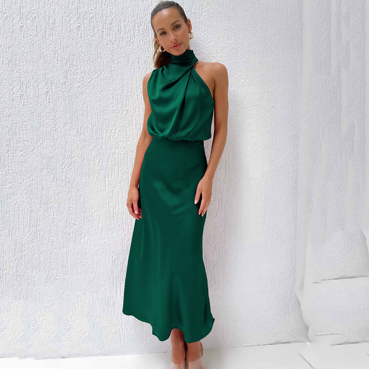 Severine | Draped Twist Satin Halter Neck Maxi Dress with Open Back