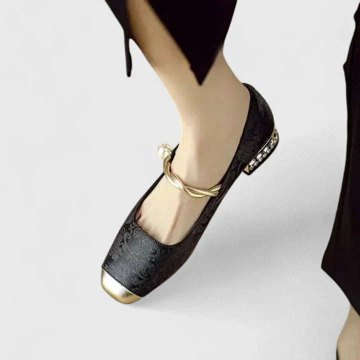 Celeste | Jacquard Crystal Heel Cap Toe Mary Jane Flats