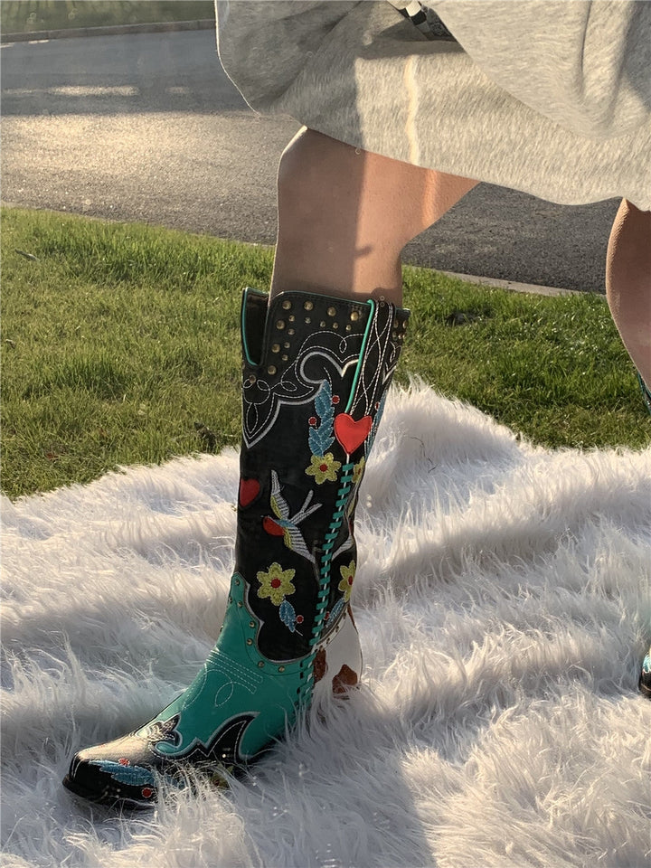 Fiesta | Floral Heart Embroidered Patchwork Knee High Womens Cowboy Boots