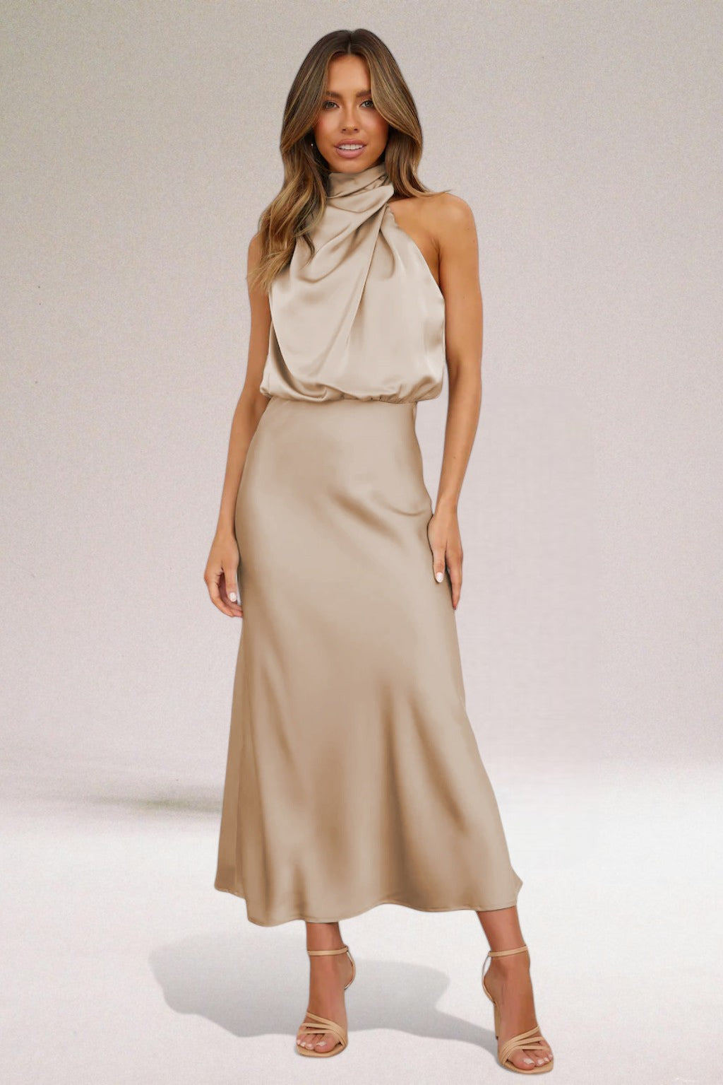 Keyword active: Halter Neck Wedding Guest Dress  Sienna | Draped Cowl Satin Maxi Halter Neck Wedding Guest Dress