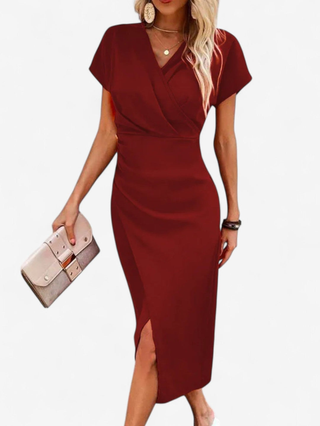 Priya | Wrap V-Neck Cap Sleeve Split Hem Bodycon Midi Formal Dress