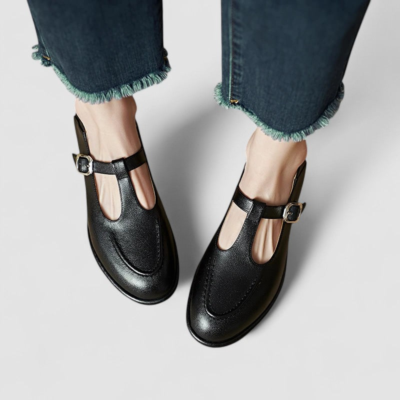 Margot | Square Toe T-Bar Buckle Leather Mary Jane Flats