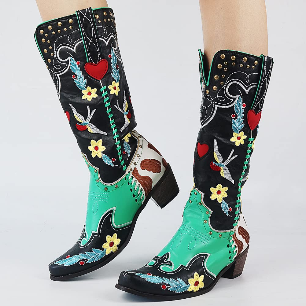 Fiesta | Floral Heart Embroidered Patchwork Knee High Womens Cowboy Boots