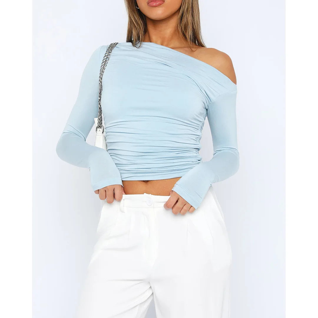 Nova | Ruched Off Shoulder Crop Top – Women's Long Sleeve Going Out Top